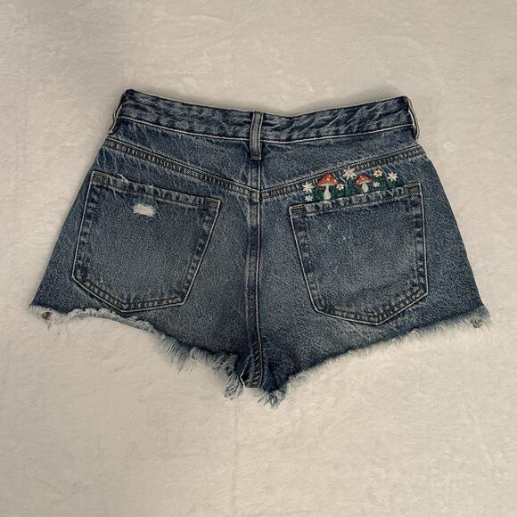 Pacsun Mushroom Embroidered Festival High Rise Distressed Shorts Goblincore - Picture 1 of 11